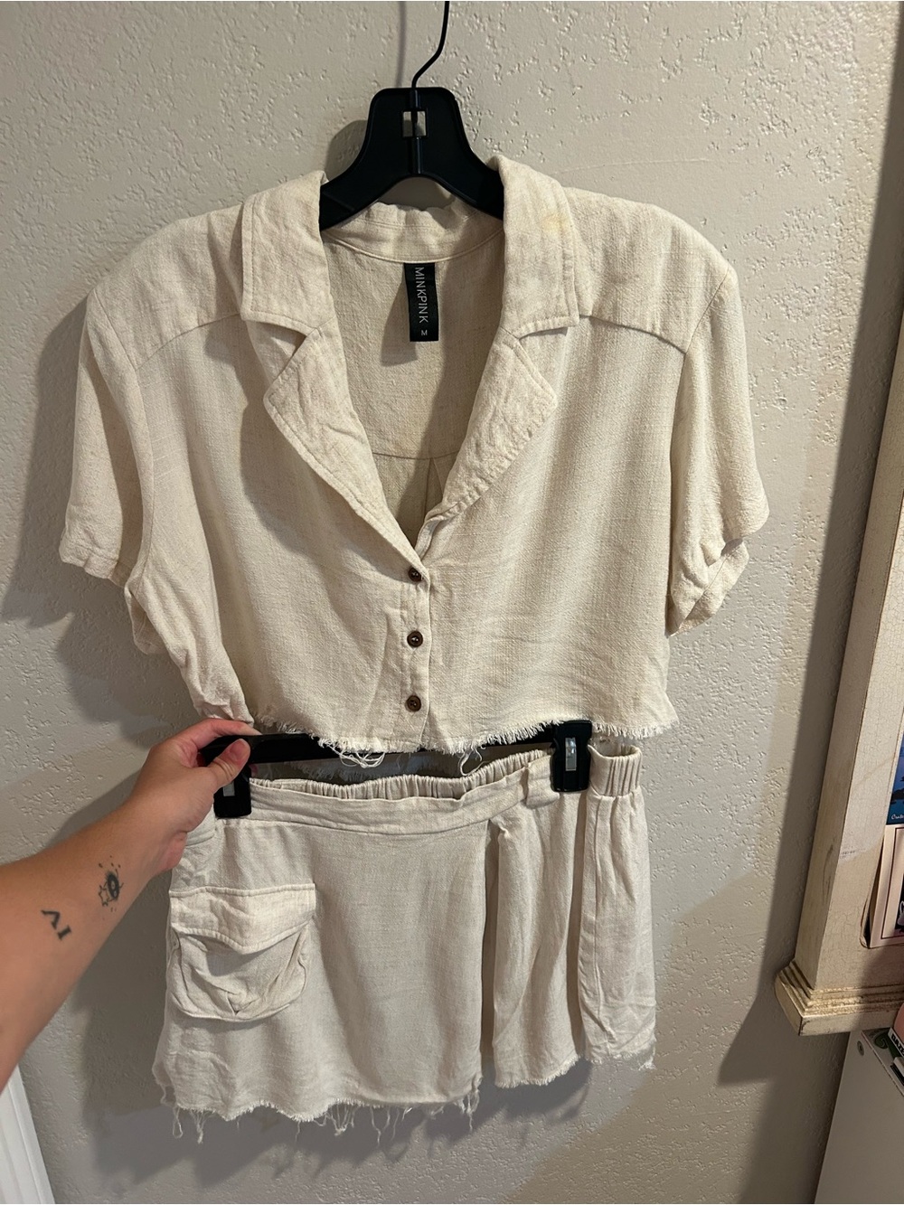 Cropped Button-Front Linen Blend Top and Skort in Natural